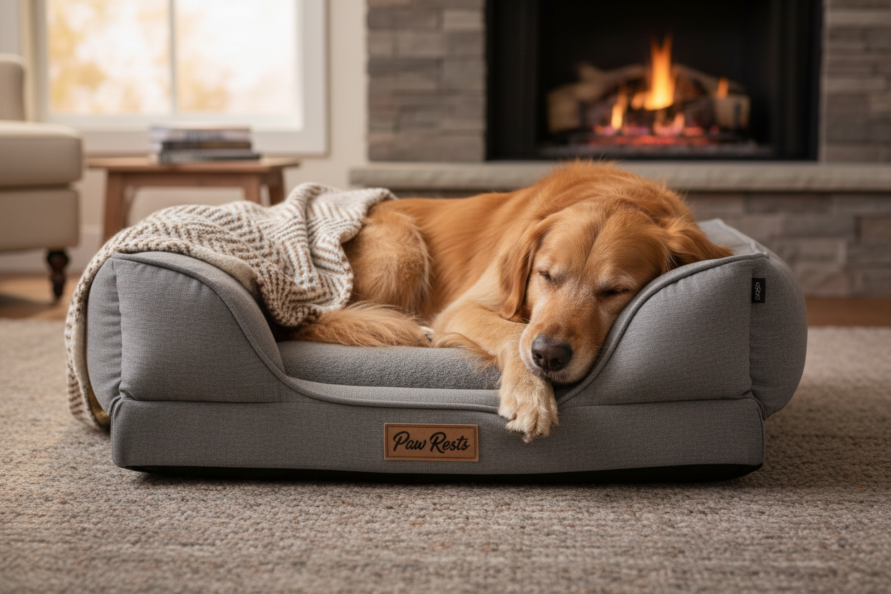 Dog in Paw Rests branded orthopedic bed